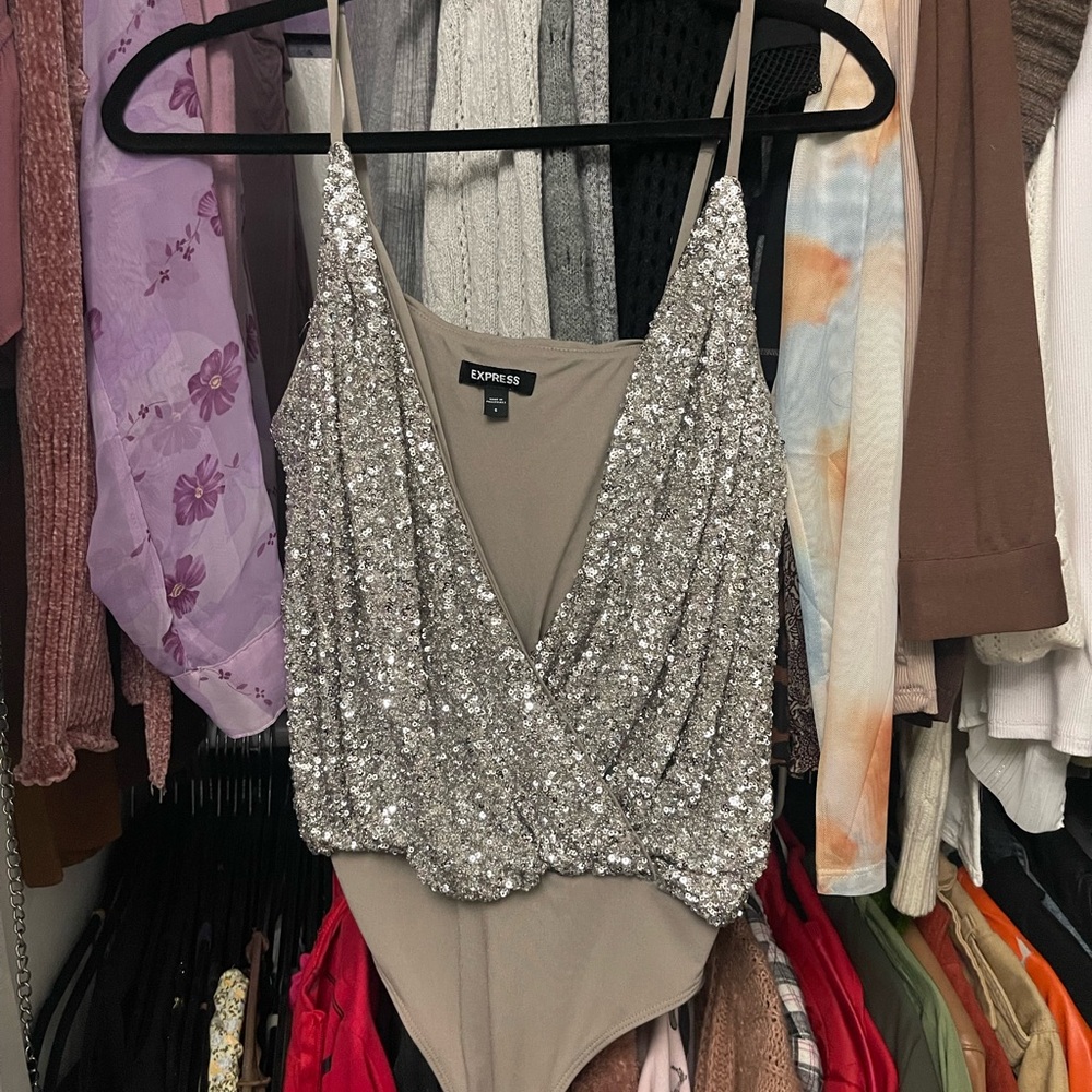 Express Silver Sequin Wrap Bodysuit